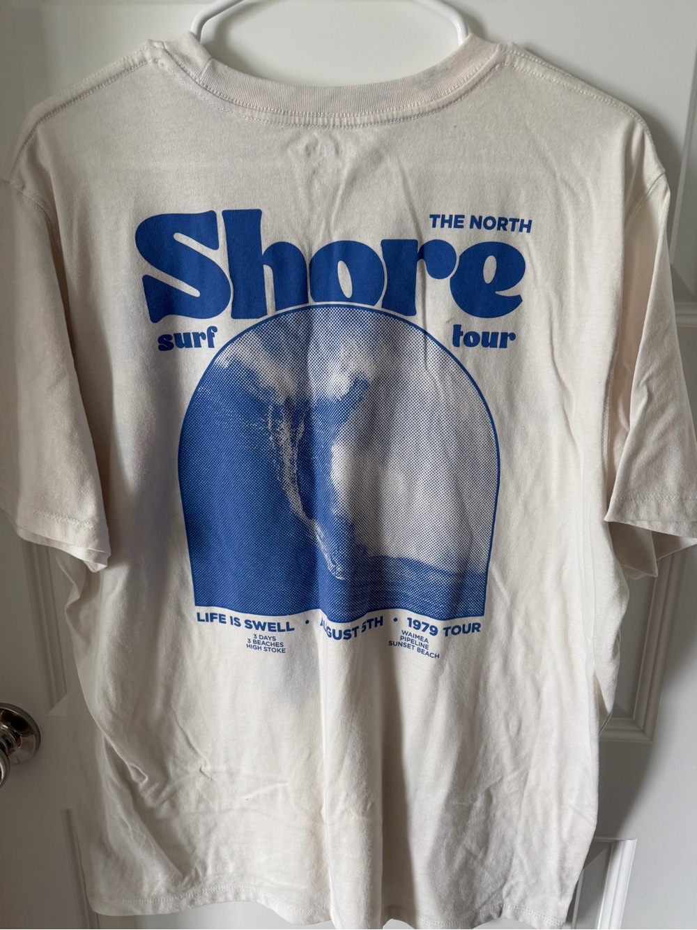 Shore Surf Tour Graphic Men’s T-Shirt - Cream with Blue Print